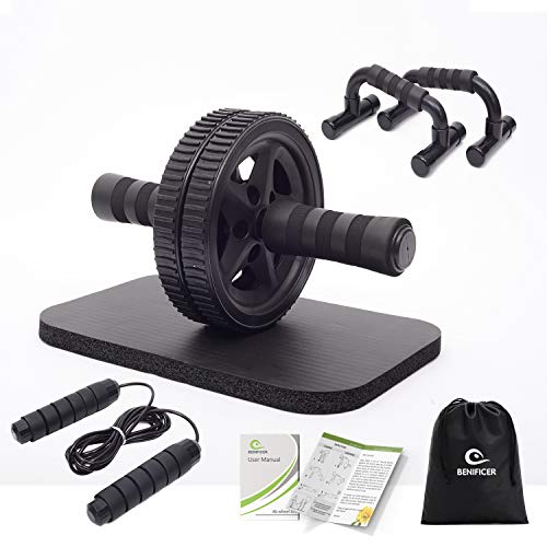 Benificer Roue Abdominale Polyvalente AB Wheel Roller 4 en 1 Pro de Fitness et Musculation de abdominaux Wheel avec Poignée de Pompe, Corde à Sauter et Tapis Epais pour Genoux