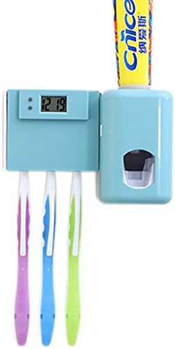 Electronic Timer Automatic Toothpaste Dispenser with Wall Mount Toothbrush Holder - Toothpaste Squeezer with 3 Brushes Set, Kids Hands Free Toothpaste Dispenser for Shower Bathroom Sink (E-Blue)