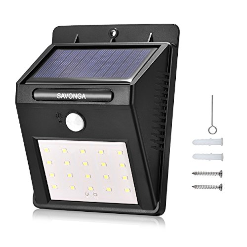 Preisvergleich Produktbild SAVONGA Solarleuchte mit Bewegungsmelder, 20 LEDs Kaltweiss, IP64 wasserdicht, ideale Nachtbeleuchtung für Garten Tor Hof Terrasse Balkon Veranda Fassade Zaun Garage u.a.
