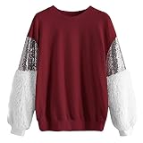 NPRADLA 2018 Damen Langarm Pailletten Flauschiges Sweatshirt Oansatz Pullover Top Bluse(Weinrot,XL)