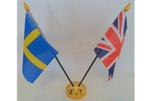 UKFLAGSHOP Sweden Swedish Union Jack 2 Flag Friendship Desktop Table Centrepiece Flag Flags With Gold Base Ideal For Party Conferences Office Display