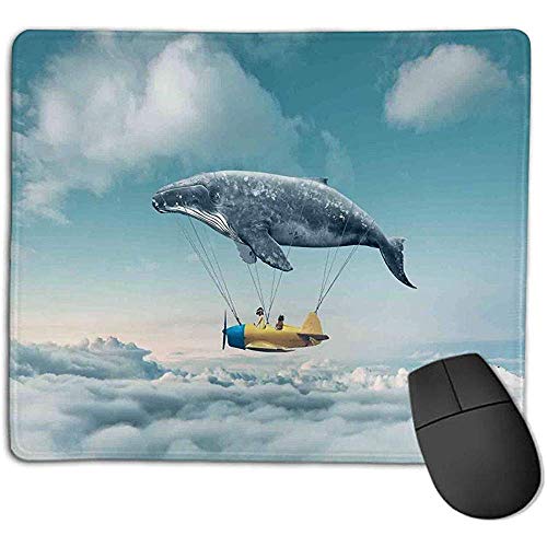 Preisvergleich Produktbild Gaming-Mauspad,Genähte Kanten,Wasserdicht,Ultra,SilkyAirplan... Fantasie über den Wolken Wolkengebilde Wal Erde Planet Dekorativ,Grau Gelb Blau,Gilt für Spiele,Homee 30X25CM