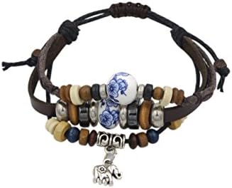 Totoroforet Leather Strap Bracelet with Elephant and Original Chinese Beads in Blue and White