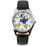TAPORT® Kinder Uhr Analog Quarzwerk mit Leder armband Disney Donald Duck Schwarz Rund