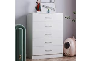Songtree Chest of Drawers 3/4/5 Drawer with Metal Handles and Runners Bedside Table Cabinet Storage for Bedroom Living Room Furniture (5 Drawer, White)