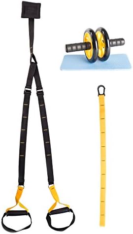 Suspension Trainer kit for home, Pull Up Bands, Resistance Straps for Crossfit, Fitness, Pilates and Full Body Workout Home Gym Exercises include Free Abdominal Roller Ab Wheel and Knee Pad Mat