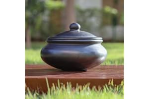 Swadeshi Blessings Handmade Exclusive Range Unglazed Earthen Dahi Handi/Curd Pot/Mitti Handi/Clay Pot with Lid, Also for Serving (with Natural White Firing Shade) (Black Traditional-1.5 litres)