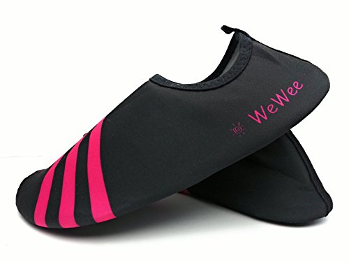 WeWee Sehr bequeme Damen Barfußschuhe aus elastischen Neopren, schwarz mit drei pinken Streifen, geeignet für ganz viele Indoor Aktivitäten: im Fitnessstudio,für Crossfit, Zumba, Tanzen, Yoga und als Wasserschuhe aber auch zu Hause als Hausschuhe - 5