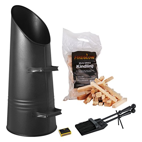 Fireside Bundle Premium 22" Black Anthracite Coal Hod Fuel Scuttle, 2 Piece Hearth Tidy Set, Carry Pack of Kindling and Tigerbox Safety Matches.