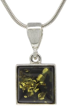 Nova Silver Classic Amber Small Square Green Amber Necklace with 45cm Silver Snake Chain
