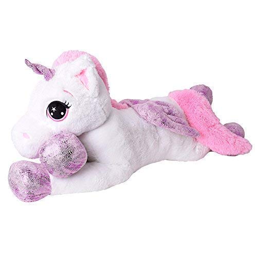 TE-Trend XXL Peluche Cavallo Unicorno Pupazzo sdraiato 130 CM Lilla glitzerhorn Occhi Grandi Bianco
