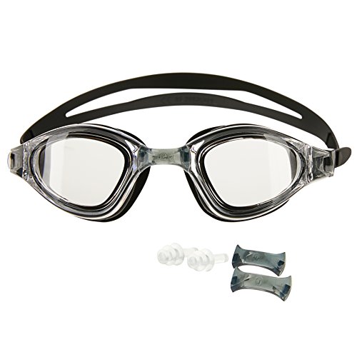 SPORTFANATICS Premium Schwimmbrille mit praktischer Aufbewahrungsbox | Besonders wasserdicht | mit Antibeschlag und 100% UV Schutz | Inklusive wechselbarer Nasenrücken in verschiedenen Größen für die perfekte Passform | Ohrstöpsel | Verstellbares Silikon-Kopfband | Kratzfeste Linsen