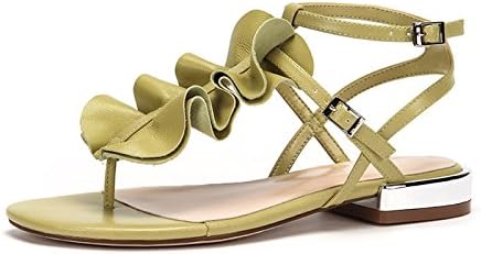 GTYW Lady Summer Sandals Sheepskin Frill Low Heel T-Type Solid Casual Fashion Sandals,C-UK5.5/EU38