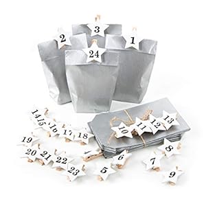 Lot de 24 sachets de calendrier de l'Avent en bois 9 x 15 x 3,5 cm Argenté