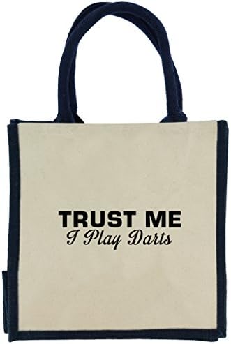 Trust Me I Play Darts in Black Print Jute Midi Shopping Bag with Navy Handles and Trim