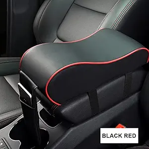 Automaze Center Console Armrest Thick Cushion,Soft Memory Foam PU Leather Height Arm Rest Pad with Phone Pocket Storage Bag (With Front Pocket, Black With Red Line)