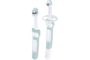 MAM Learn to Brush Set, Baby Zahnbürste mit langem Griff zum gemeinsamen Halten, Kinderzahnbürste trainiert das Zähneputzen, ab 5+ Monate, türkis, 1 Stück (1er Pack)
