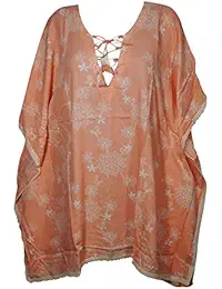 Indiatrendzs Women's Casual Style Free Size Kaftan/ Embroidered Short Kaftan / Sexy Party Wear Kaftan Top 48" (Beige)
