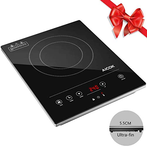 Plaque à Induction Portable Ultra-fin 2000W avec Minuterie de 3 Heures, 10 Réglage de Puissance et Verrou de Sécurité,Commande Tactile, Plaque de Cuisson avec Surface en Verre Cristal Poli Noir,Aicok