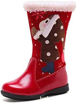 Girs Winter Warm Cartoon Snow Boots,Non Slip Knee-High White Fur Collar Suede Lined Children Kids Booties Shoes, Red 11 Child UK