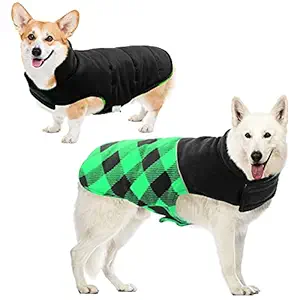 KOESON Reversible Dog Coat, Buffalo Plaid Dog Winter Jacket Reflective Dog Coats with Built-in Leash Hole, Windproof Dog Outerwear for All Breeds Pet Apparel for Outdoor Adventure Green L