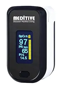 MEDITIVE Fingertip Pulse Oximeter, Dual Color OLED Display Blood Oxygen Monitor with Alarm Feature with Perfusion Index - PI Index and Respiratory Rate (Black Color)