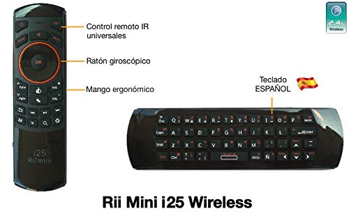 Rii Mini i25 Wireless (layout Español) - Mini teclado con ratón giroscópico y control remoto infrarrojos para Smart TV, Mini PC Android, PlayStation, Xbox, HTPC, PC, Raspberry Pi