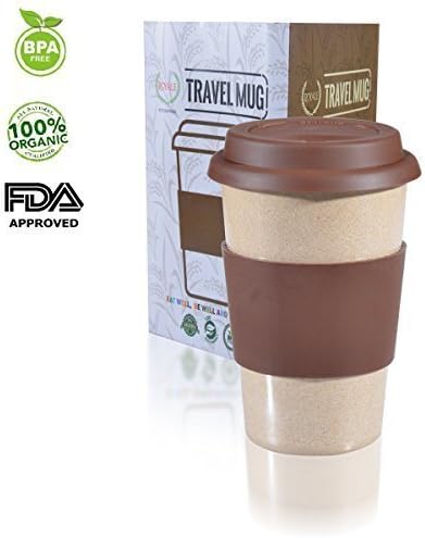 16OZ Reusable To Go Brown Travel Mug Leak proof with Lid &amp; Heat Resistant Non slip Grip. Made with 100% Organic Eco friendly Biodegradable Material FDA approved BPA free. FREE recipe eBook