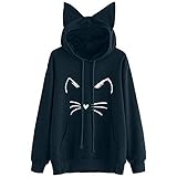 iHENGH Neujahrs Karnevalsaktion Damen Herbst Winter Bequem Lässig Mode Frauen beiläufige liegende Katze gedruckte Lange Hülsenkatze Ohr mit Kapuze Sweatshirt Taschen Oberseiten