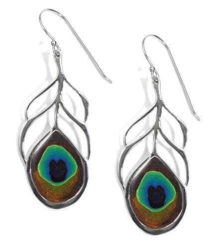 925 Sterling Silver Small Peacock Feather Drop Earrings Polymer Clay Handmade Jewellery
