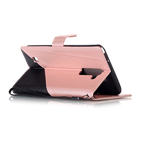 LG Stylus 2 Hülle,LG LS775 Leder Case,Sunroyal PU Leder Brieftasche Schutzhülle Tasche Handyhülle Schutz Hüllen im Bookstyle Ledertasche mit Stand Funktion Kartenfächer Magnetverschluss Magnet Etui Schale Schutzhüllen,Retro Schwarz Rose Gold Muster Entwurf Flip Klapp Cover Tasche mit Strap Kartensteckplatz Hinterschale Kartenschlitz mit Silikon Kratzfest für LG Stylus 2 LS775/LG G Stylo 2 + HD Super Klare Displayschutzfolie - 5