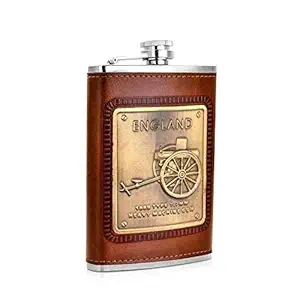 Menzy Stainless Steel and Stitched Leather Hip Flask 8 oz (230 Ml), Wine Whiskey Vodka Alcohol Drinks Pocket Bottle for Men Women - Alcoholic Beverages Holder Liquor Flasks