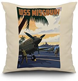 USS Missouri - P-40 Warhawk at Air Field (18x18 Spun Polyester Pillow Case, White Border)