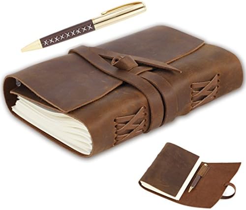 Leather Journal Writing Notebook, Vintage Handmade Leather-Bound Notepads For Men &amp; Women Antique Leather Travel Diary 7"x5" - Unlined Paper Best Gift Note Book Write In Art Sketchbook - Penholder Pen