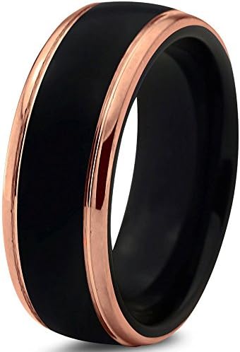 Tungsten Wedding Band Ring 8mm for Men Women Black &amp; 18K Rose Gold Domed Edge Polished Lifetime Guarantee
