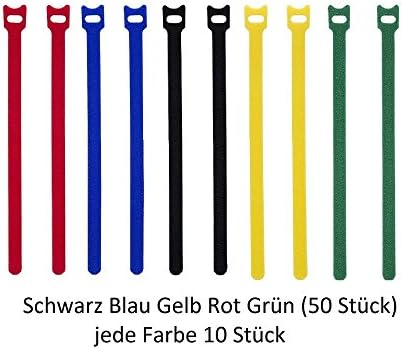 Our Fantasy Time 50 Velcro Cable Ties Velcro Tape 15 cm Coloured Assorted Colours Value Pack 150x12 mm (10 of each Red, Yellow, Blue, Green &amp; Black) with Extra Strong Velcro Reusable Ties Velcro Cable Ties Velcro Cable Ties Velcro Office
