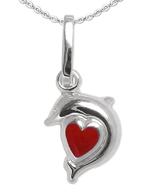 CLEVER SCHMUCK-SET Silberner Anhänger Mini Delfin mit Herz rot glänzend und Kette Anker 40 cm, beides STERLING...