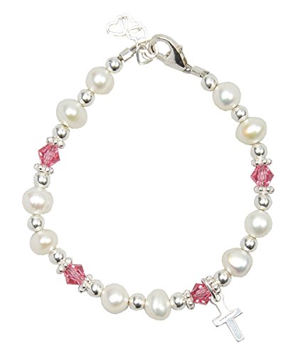 Crystal Dream Taufe Zuchtperle weiß Frisch Wasser Perlen und rosa Swarovski Kristalle mit Sterling Silber Kreuz Luxus Andenken Mädchen Armband (bfwcp)