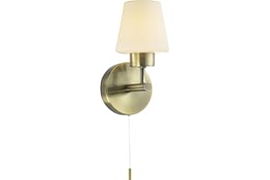 Happy Homewares Modern Antique Brass and Opal Glass IP44 Rated Bathroom Wall Lighting Fixture with Pull Switch | 1 x 18w G9 Required | 20cm x 10cm x 13cm
