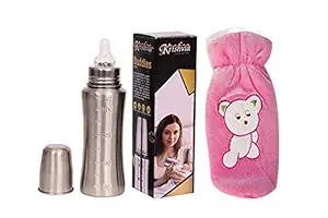 Shop India Traditional Stainless Steel Baby Feeding Bottle for Milk Easy to Hold Design 304 Food Grade 0% Plastic High Grade Silicon Nipple and Free Bottle Cover - btl1