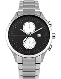 French Connection FC1266BSM - Reloj de cuarzo para hombre con esfera negra y correa plateada de acero inoxidable