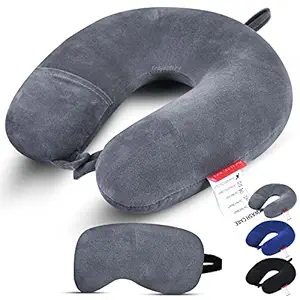 Trajectory Neck Pillow with Sleeping Eye mask in Grey with 10 Year Warranty Travel headrest Accessories for Plane Flight Bus and Office for Men and Women