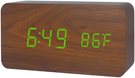 GANGHENGYU Electronic Alarm Clock Wood LED Digital Time Temperature Date Show Silent Desktop Family Bedroom Eco Voice Clock (Brown Wood Green Light)