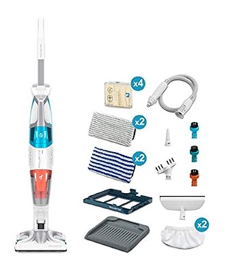 Rowenta Nettoyeur Vapeur Clean & Steam 3 in 1 Aspirateur Balai Vapeur Sans Détergent Accessoire Tapis Nettoyeur Vitre Autonomie jusqu'à 40 min 1700W Blanc et Argent RY8544WH