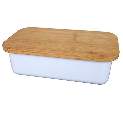 Geräumige Brotkasten aus Melamin oder Metall mit Bambusdeckel als Schneiderbrett Maße Metallbox 33x18x12cm oder Melamin Brotkasten 38x22x12cm verschieden Farben zum Auswahl (Melamin 38x22x12cm Weiß)