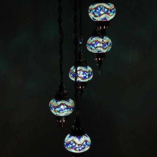 Multicolor Handmade Turkish Moroccan Style Mosaic Hanging Lamp Helix Chandelier with 5 Medium Size Globes