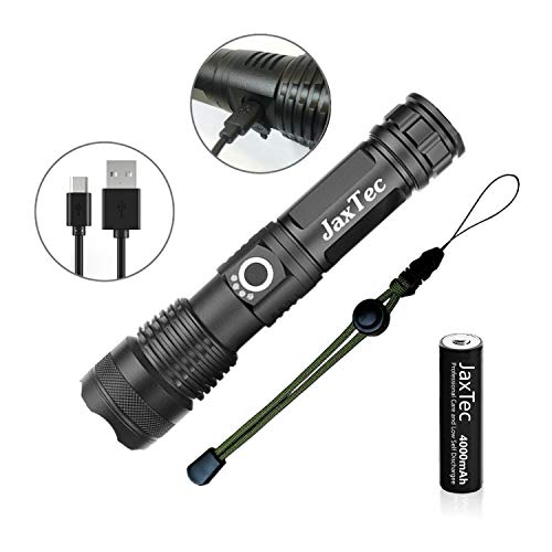 JaxTec LED Torch,5 Modes P50 Flashlight with USB Charger Super Bright 3200 Lumens Powerful Tactical, Handheld Torch for Camping, Hiking,18650 Rechargeable Battery Included
