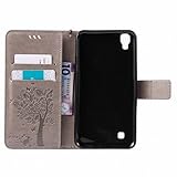LEMORRY LG X power Hülle Tasche Geprägter Ledertasche Flip Beutel Haut Slim Fit Bumper Schutz Magnetisch Schließung Stehening Soft SchutzHülle Weich Silikon Cover Case Schale für LG X power (K220DS,K220), Glücklicher Baum Grau - 