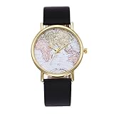 rainbabe Balck Damen Herren Weltkarte Zifferblatt Gurt artificiel Lederband analoge Quarz-Armbanduhr