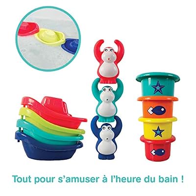 LUDI - Coffret de jeu d'eau pour s'amuser à l'heure du bain. Dès 10 mois. 3 gorilles rigolos qui aspergent, 4 bateaux et 4 verres gigognes percés. Une aide au développement de la dextérité - 40028